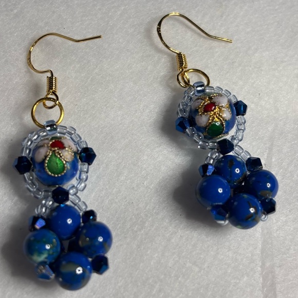 Hand Crafted cloisonné earrings cobalt blue beads blue bicones seed beads 2 in. - Picture 3 of 6